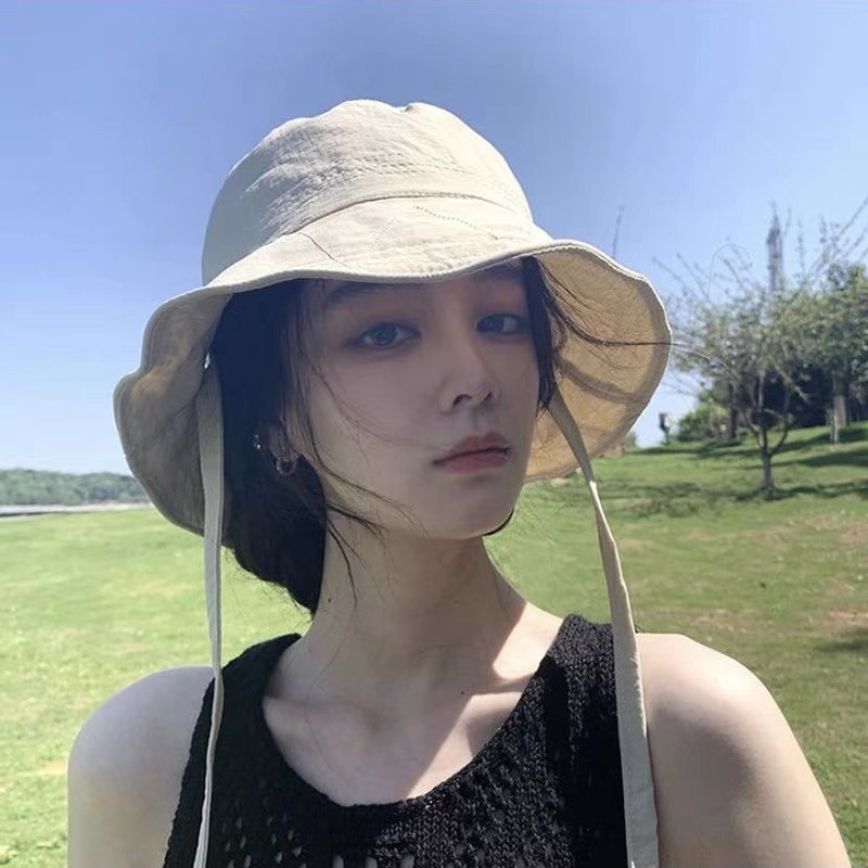 新款盆帽子女夏博主同款轻便防风绳渔夫帽韩国ins系带遮阳防晒帽