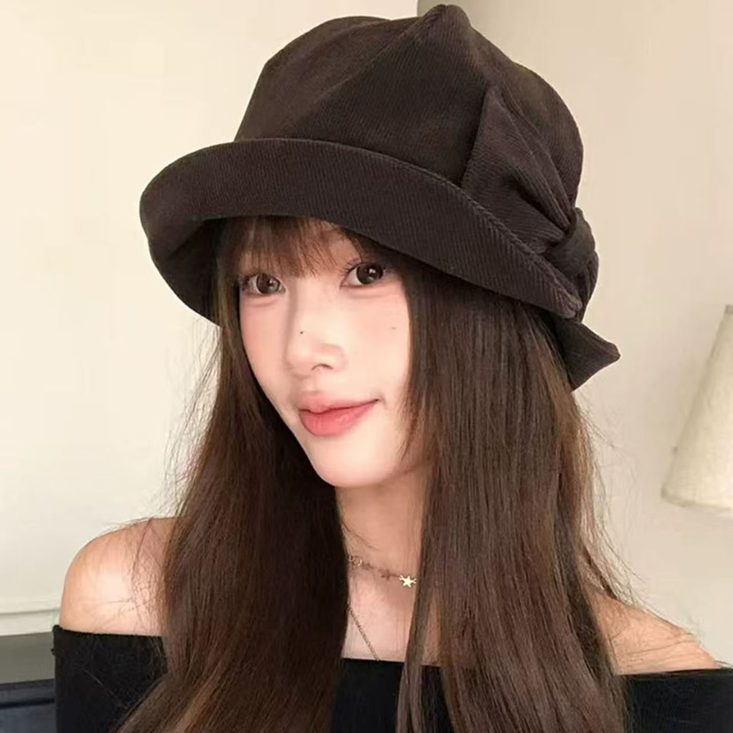 复古蝴蝶结灯芯绒渔夫帽秋季帽子女款2026新款百搭显脸小保暖盆帽