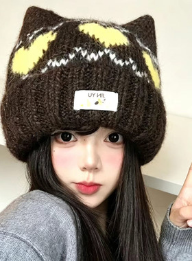 爱心提花猫耳朵针织帽女秋冬可爱毛线帽保暖大头围户外骑行运动帽