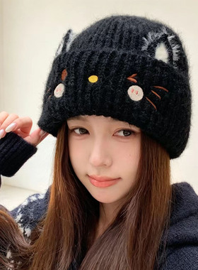 卡通猫咪针织保暖帽子女士秋冬季套头护耳毛线帽户外显脸小毛绒帽