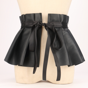 欧美装饰皮带百搭宽腰带配饰围裙式腰封女款时尚百搭褶皱腰裙黑色