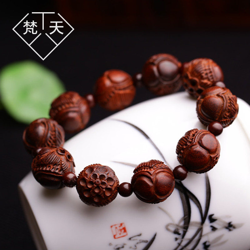 印度小叶紫檀莲花手串男款老料手项链檀香紫檀木顺纹佛珠一生富贵