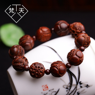 印度小叶紫檀莲花手串男款老料手项链檀香紫檀木顺纹佛珠一生富贵