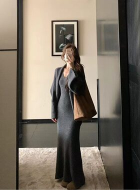 松弛主义大坎肩毛衣针织开衫女宽松上衣宽袖外搭外套+连衣裙