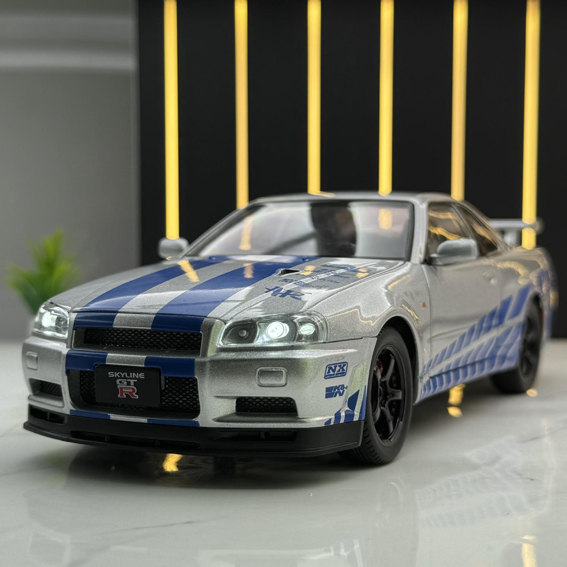 威丽合金车模1比24日产GTR34跑车声光回力玩具车音效模型摆件代发