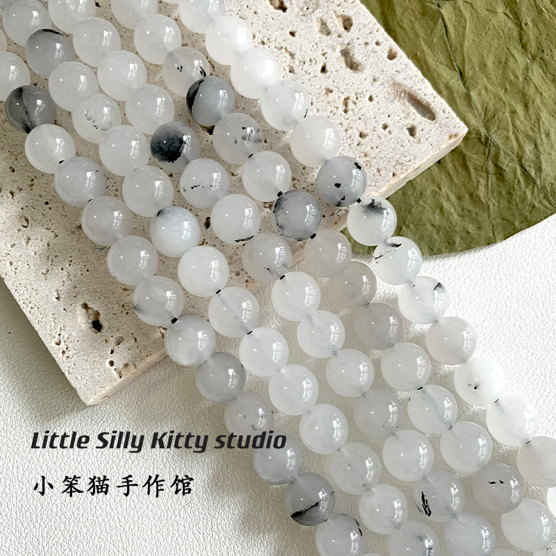 【墨染】白玉石水墨飘花天然石散珠圆珠diy手链项链手工饰品材料