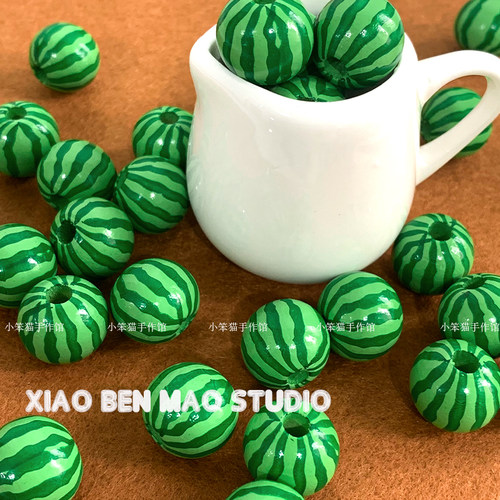 可爱西瓜木头印花圆珠散珠