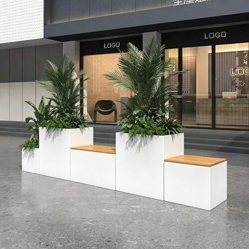 户外不锈钢花箱坐凳一体庭院露台种植箱商业街外摆座椅组合定制