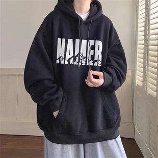 宽松外套 oversize上衣港风潮流新款 秋冬加绒连帽卫衣男士 潮牌美式