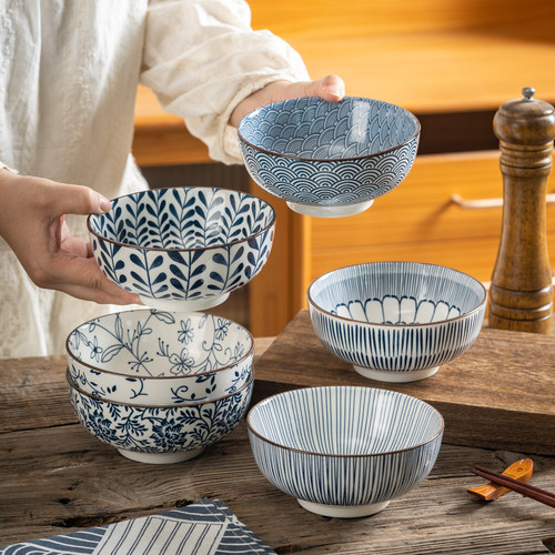 日式复古釉下彩陶瓷碗5.5英寸碗