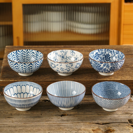 日式米饭碗釉下彩陶瓷4.5英寸吃饭碗家用小碗复古餐具高脚碗饭碗