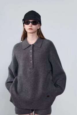 CJZP设计师款100%山羊绒POLO领宽松版型询价私信2025秋冬新品