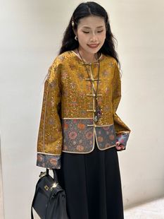 2025秋冬新款 百搭圆领盘扣拼接宋锦外套女 时尚