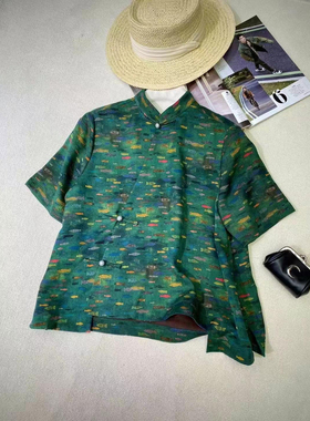 鱼新中式国风印花盘扣短袖衬衫女夏季新款复古宽松显瘦上衣