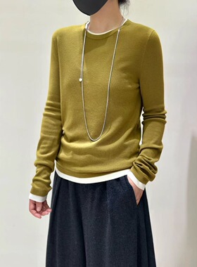 匠心BBE～早秋新款美丽诺精纺羊毛假两件高密18针撞色打底针织衫