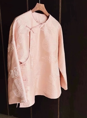 【私信询价】重工新中式 双层真丝仙女粉色斜襟盘扣上衣 不退货