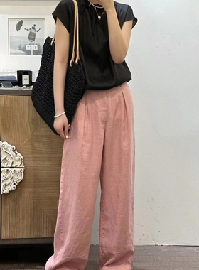 法式百搭～进口直筒麻裤高腰日系休闲垂感阔腿裤复古简约时尚