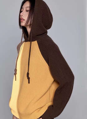 询价私信 设计师品牌CJZP意大利设计师款拼色抽绳连帽羊绒套头衫