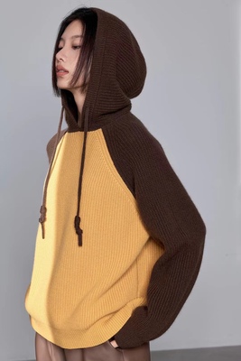 询价私信 设计师品牌CJZP意大利设计师款拼色抽绳连帽羊绒套头衫