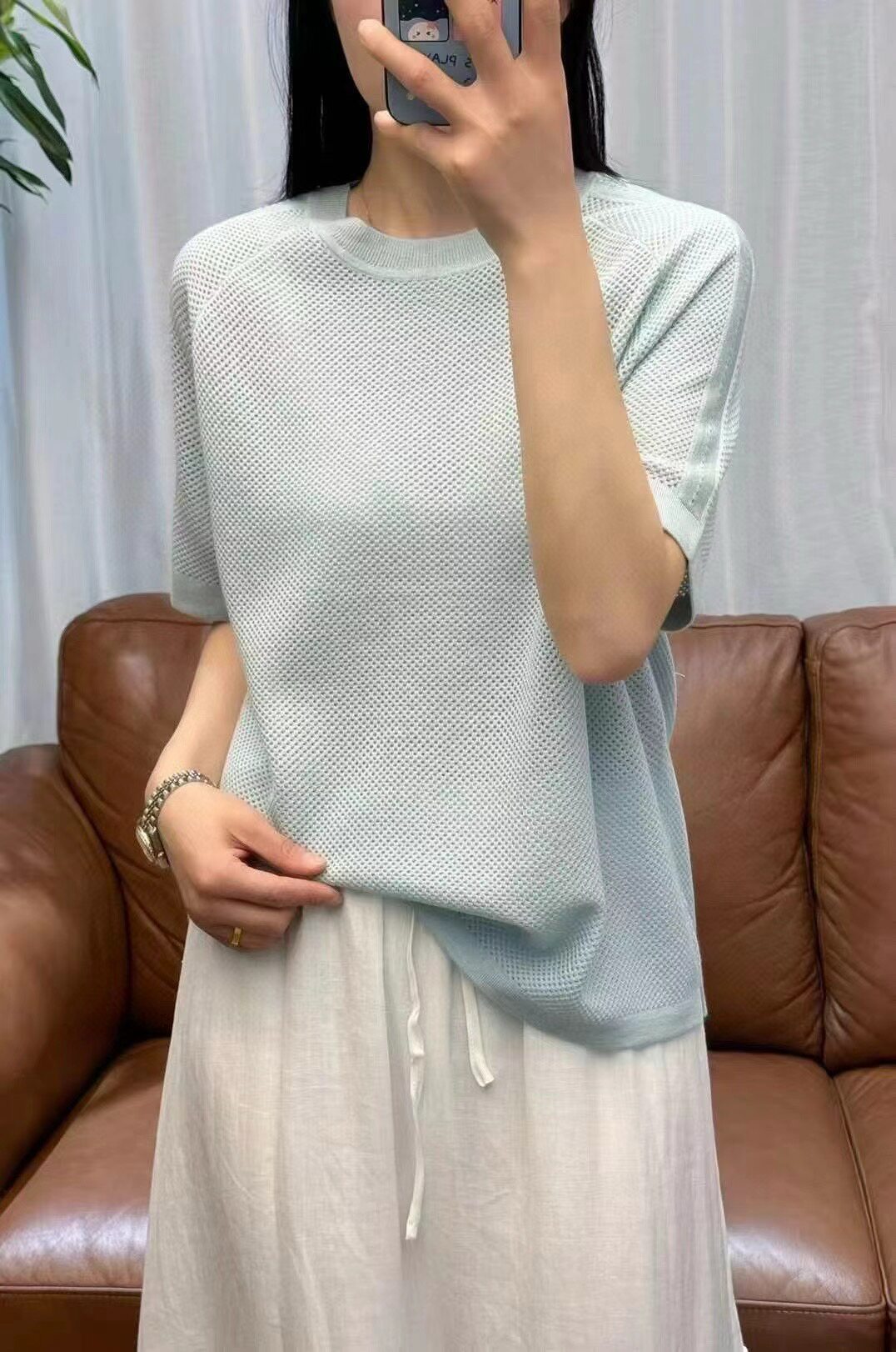 材质天花板！镂空真丝羊绒羊毛圆领短袖针织衫上衣女