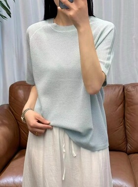 材质天花板！镂空真丝羊绒羊毛圆领短袖针织衫上衣女