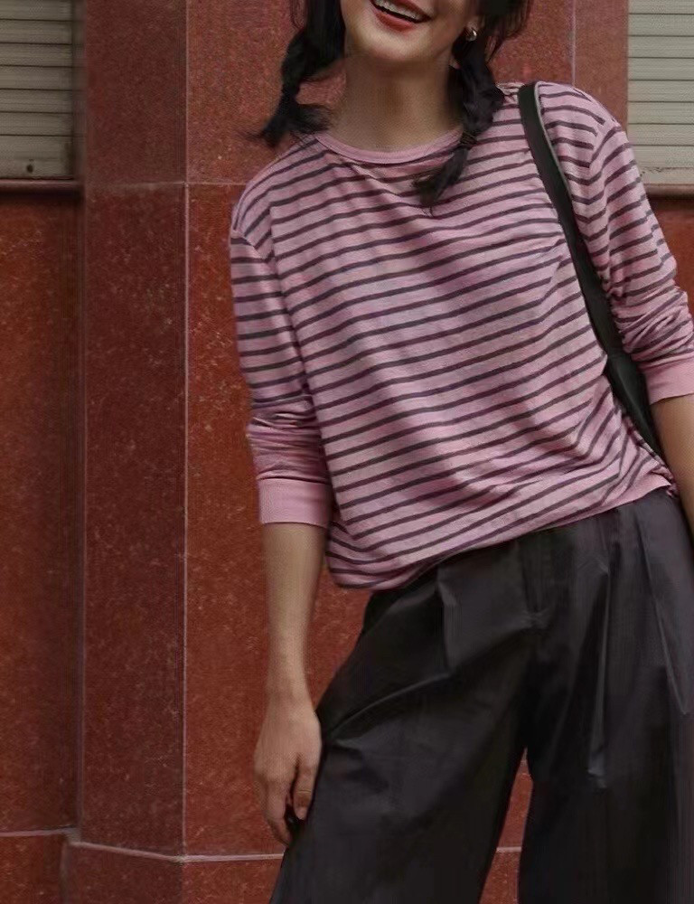 经典时尚耐看久穿不厌的单品圆领条纹T恤亚麻休闲撞色打底衫