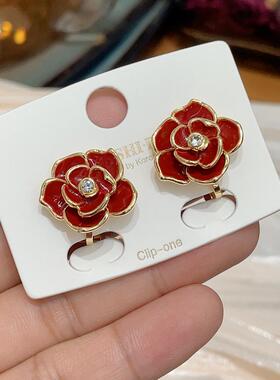 红色山茶花轻奢无耳洞耳夹