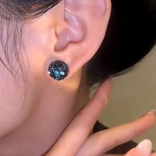 洋气墨蓝水钻圆形吸铁石耳环耳夹