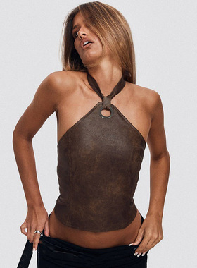 2025年春季新品潮流性感露肩金属圆环系带后背镂空露腰皮面小吊带