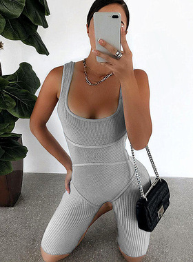 欧美女装夏季新款性感女连体衣U领纯色螺纹条修身提臀束腰连体裤