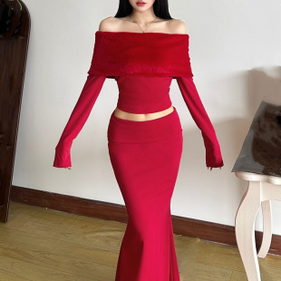 2025年春季 纯欲优雅翻折露肩露腰上衣显身材半身裙两件套女 新品