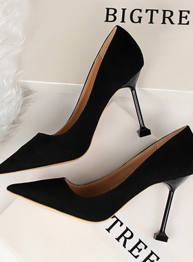 2021秋冬新款秋款绒面尖头高跟鞋女细跟10cm黑色百搭单跟性感婚鞋