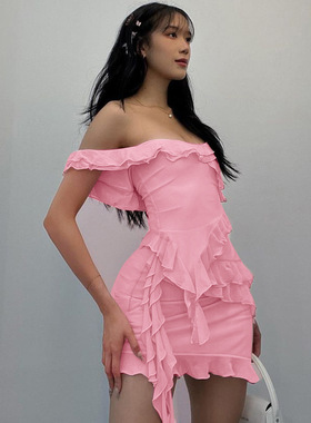 欧美风2023夏季新款辣妹女装U字领荷叶边上衣半身裙两件套