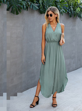 V领无袖弧形裙摆女连衣裙 Long women dress