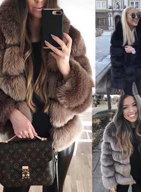 亚马逊女士秋冬加厚保暖毛毛外套长袖带帽仿兔毛外套