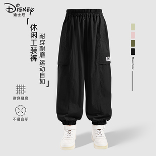迪士尼男童夏季裤子2025新款薄款痞帅风黑色工装裤儿童夏装运动裤