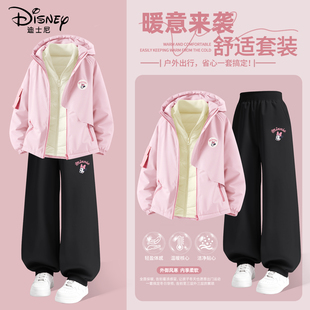 迪士尼女童冬装套装2026新款10岁女孩棉服加厚保暖外套儿童三件套