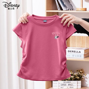 迪士尼女童短袖t恤2025新款夏季薄短款收腰玫红衣服儿童夏装上衣