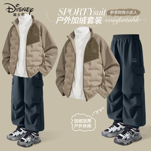 迪士尼男童加绒套装2025新款冬季时尚卡其色羽绒服儿童冬装休闲装