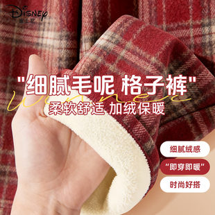 迪士尼女童加绒裤子2025新款10岁女孩加厚保暖红色格子裤儿童冬装