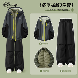 迪士尼男童加绒套装2025新款冬季中大童保暖黑色工装外套儿童冬装
