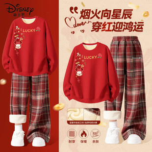 迪士尼女童拜年服2026新款本命年红色女孩卫衣过年服套装儿童冬装
