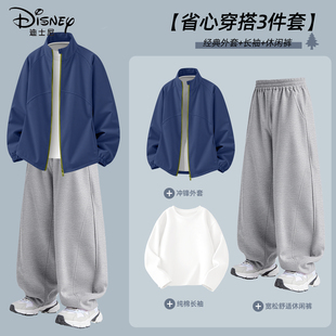 迪士尼男童春套装2026新款大童户外潮流运动弯刀裤儿童春装三件套
