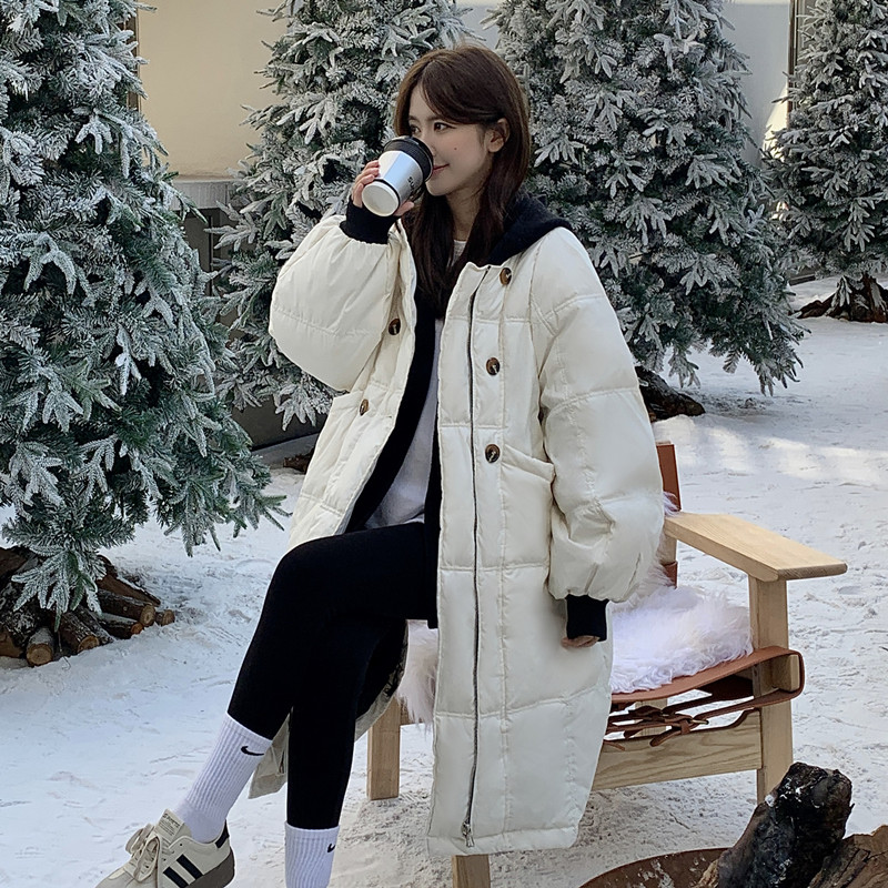 飞林蝶羽绒服女明星同款2025秋冬中长款可脱卸设计感拼接连帽外套