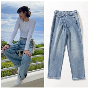 Lisa同款超高腰浅蓝色垂感宽松痞帅牛仔裤女高个子女生直筒长裤子