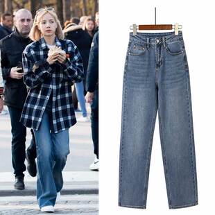 Lisa同款高腰复古蓝色牛仔裤女长裤blackpink秋季柔软宽松直筒裤