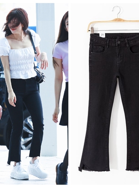 blackpink金智秀jisoo同款牛仔裤女高腰纯黑色小个子女生微喇裤春