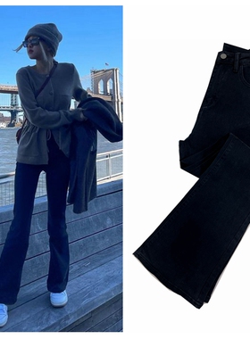 blackpink朴彩英rose同款牛仔裤女秋冬新款高腰黑色牛仔喇叭长裤