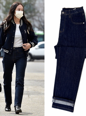 疯狂爱情Krystal郑秀晶同款直筒裤女高腰深靛蓝色弹力显瘦牛仔裤