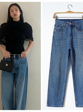 jennie金智妮同款深蓝色阔腿裤女2024夏季新款直筒宽松垂感牛仔裤